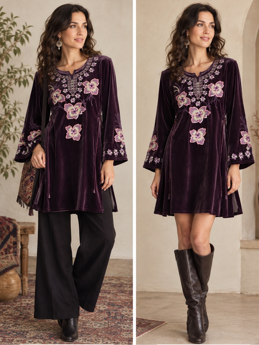 Vintage Velvet Embroidered Tunic Dress Plum Purple Boho Folk Ethnic